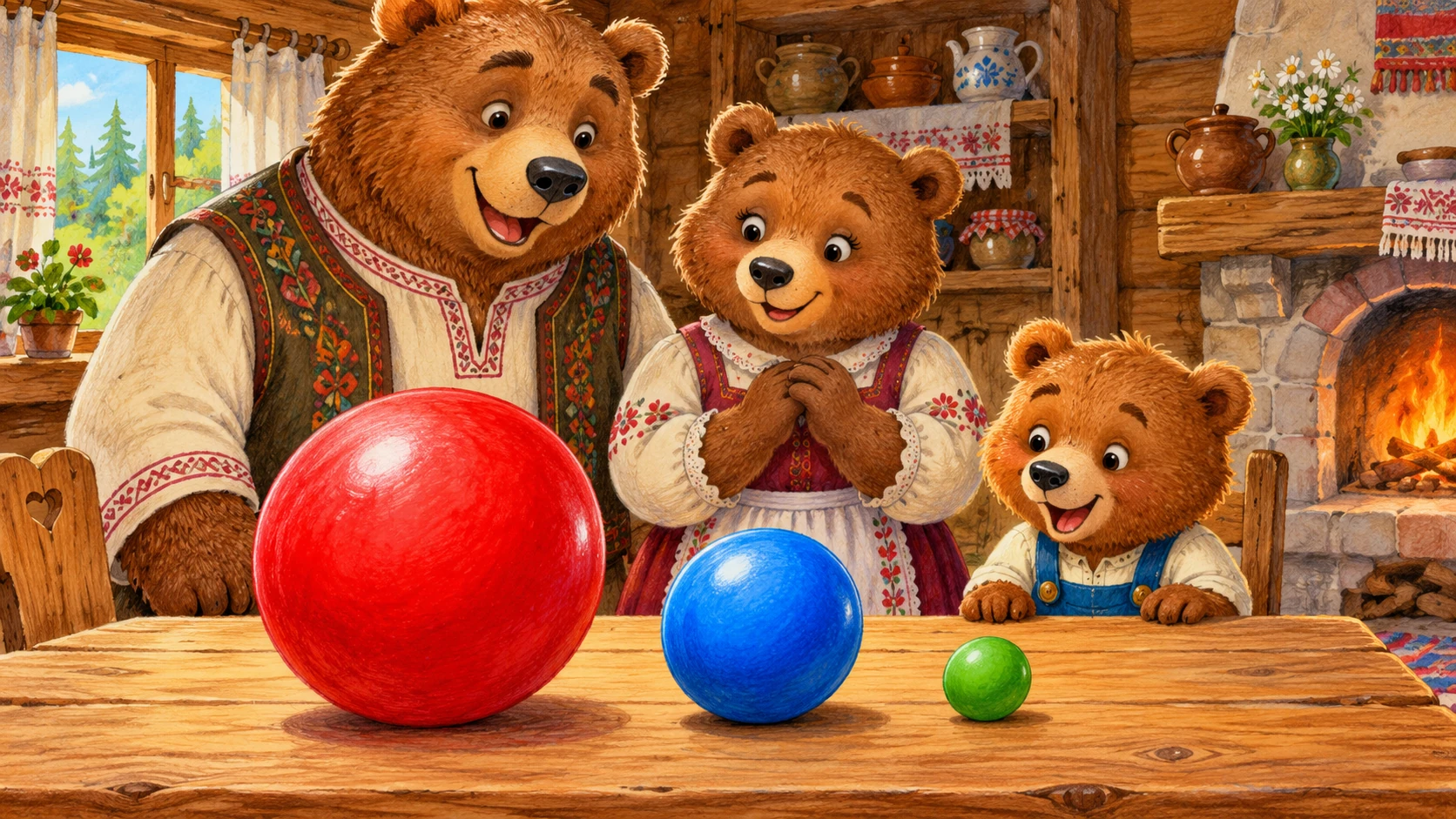 Три медведя играют с мячами разных размеров