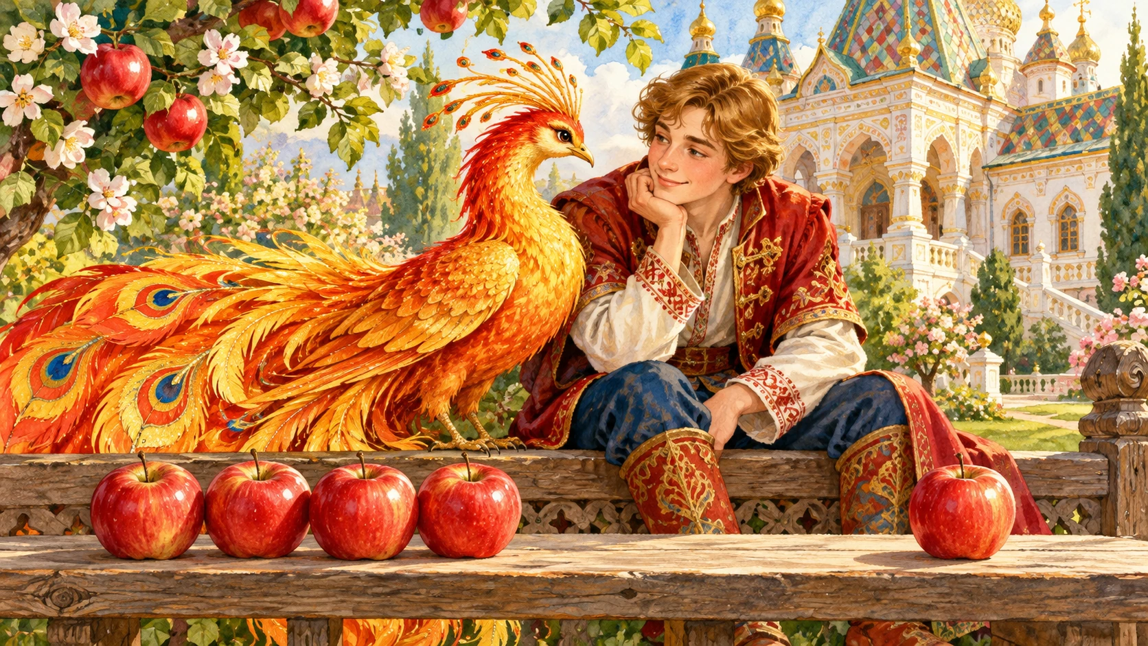 Иван-царевич и Жар-птица с яблоками