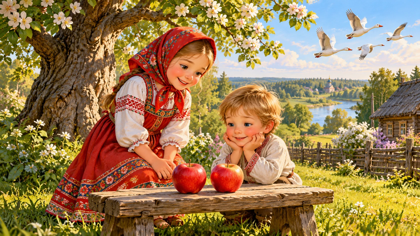 Маша и Иванушка считают яблоки