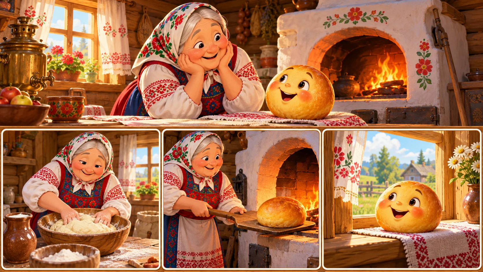 Бабушка печёт колобка
