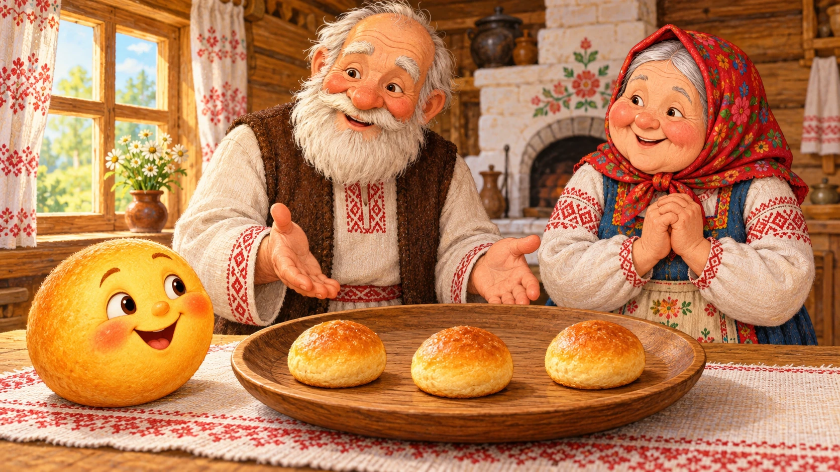 Колобок и булочки на тарелке