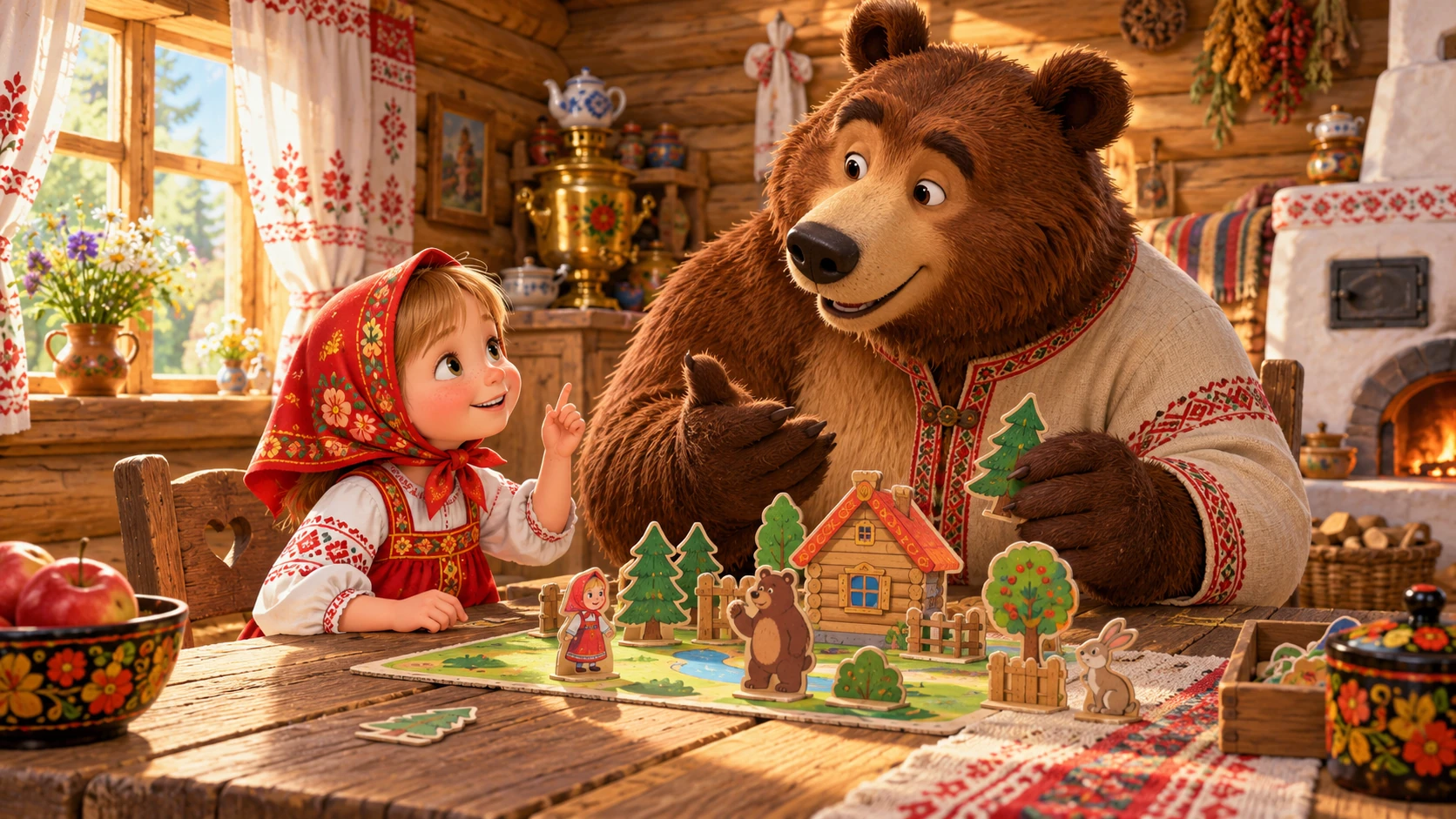 Маша и медведь обсуждают правила игры
