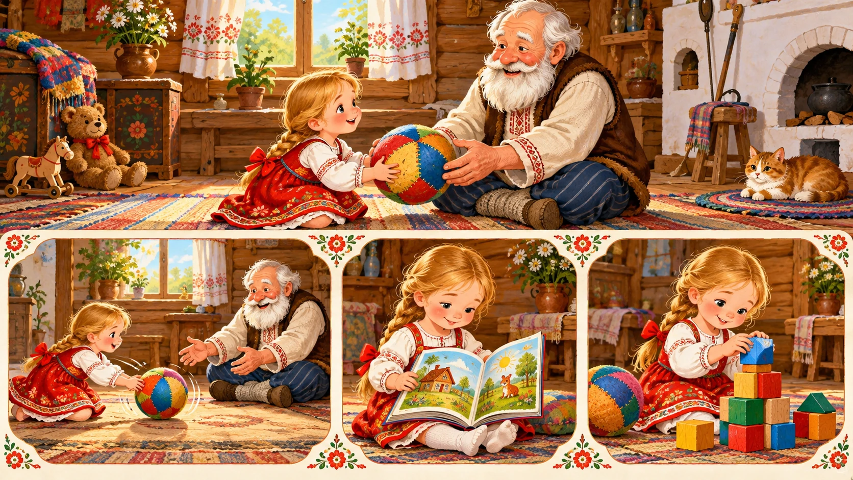 Внучка катит мяч дедушке