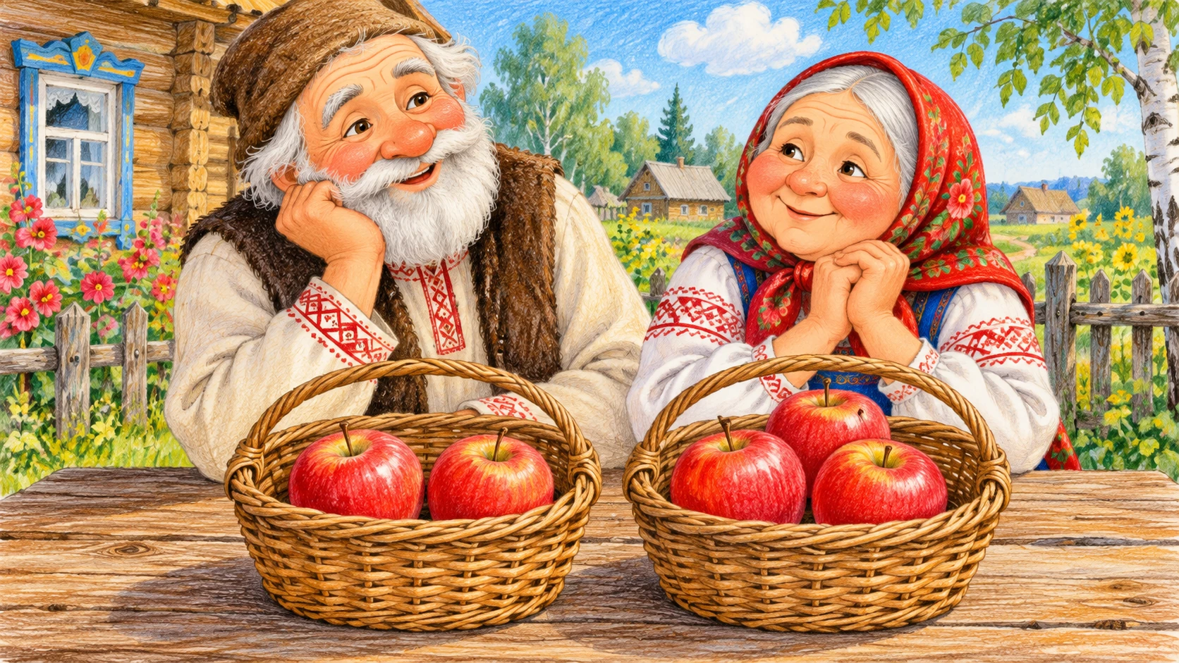 Дедушка и бабушка с двумя корзинами яблок