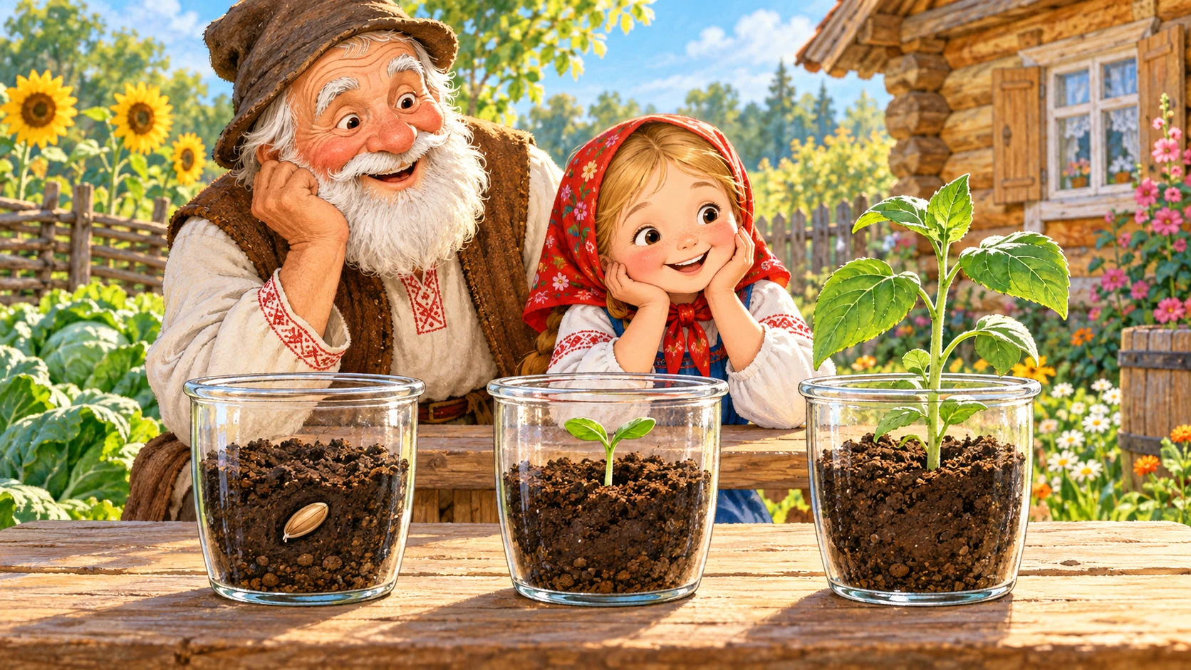 Дедушка и внучка наблюдают за растением