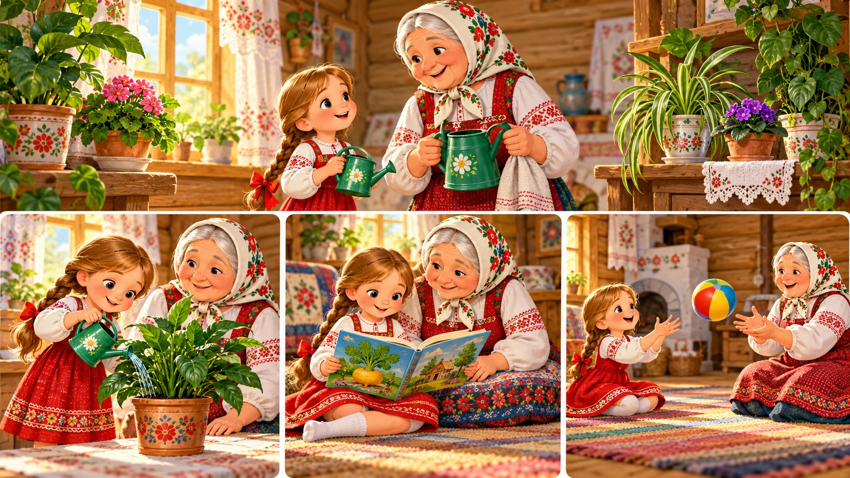 Бабушка и внучка поливают растение