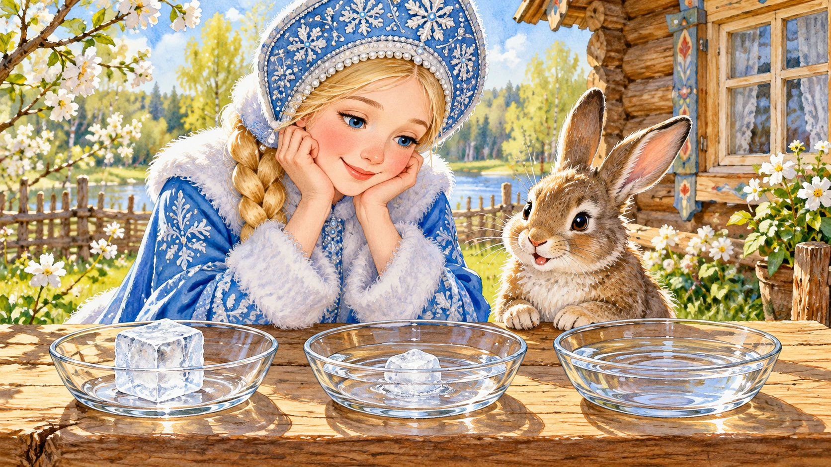 Снегурочка и заяц наблюдают таяние льда