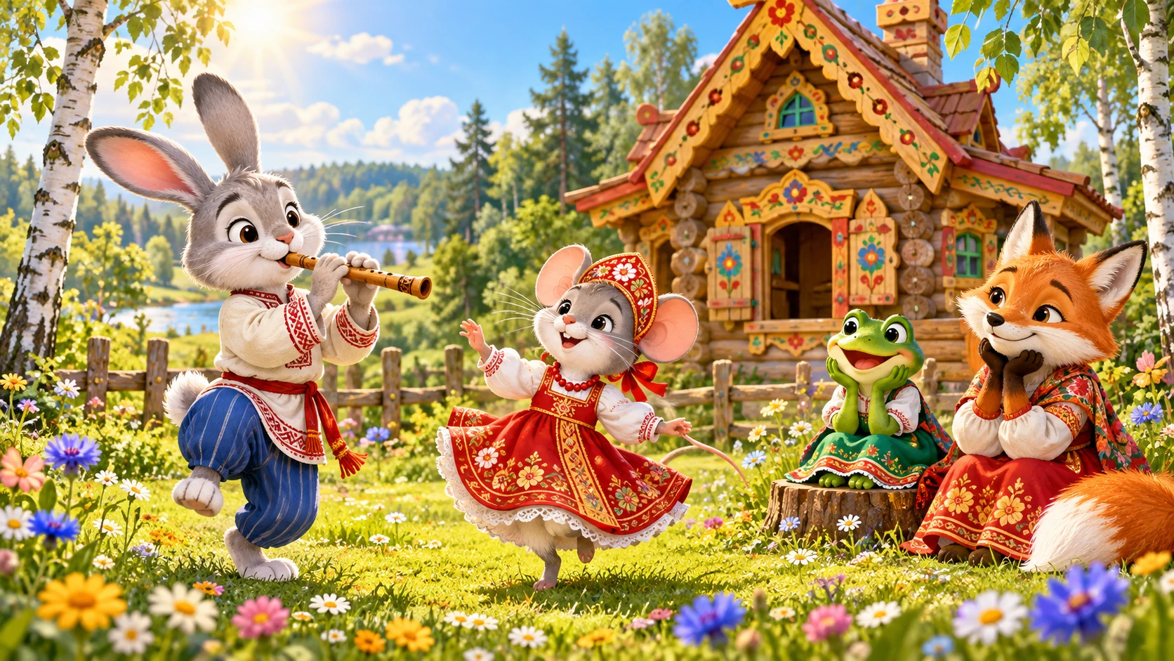 Зайчик играет на дудочке, мышка танцует