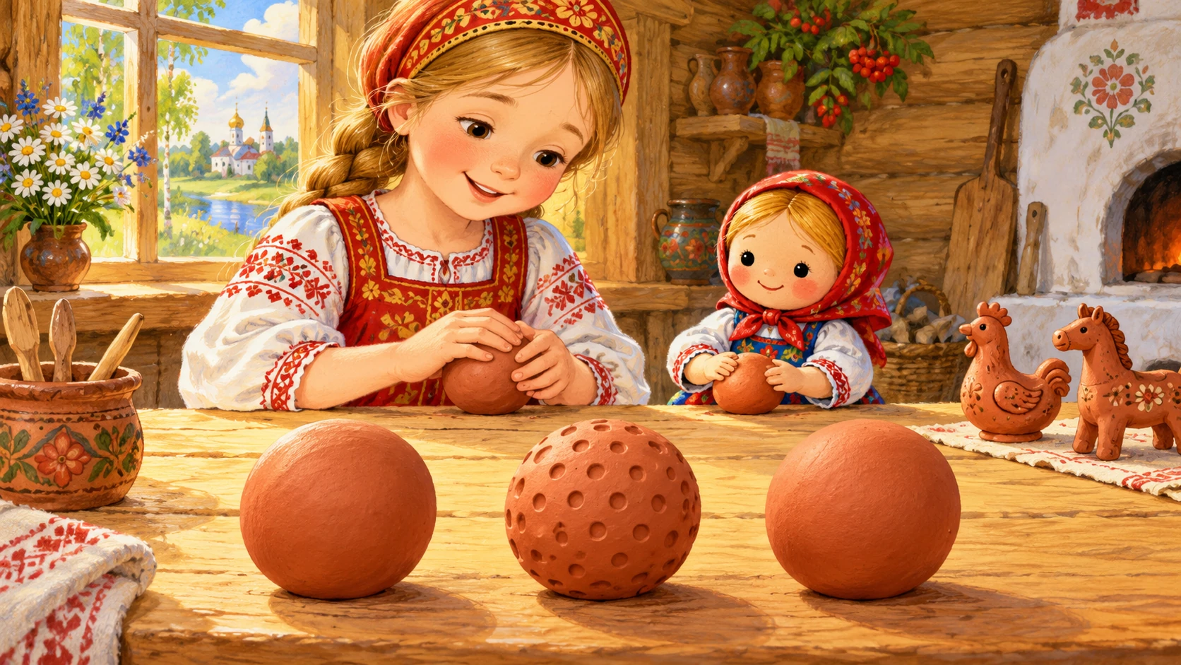 Василиса и куколка лепят из глины