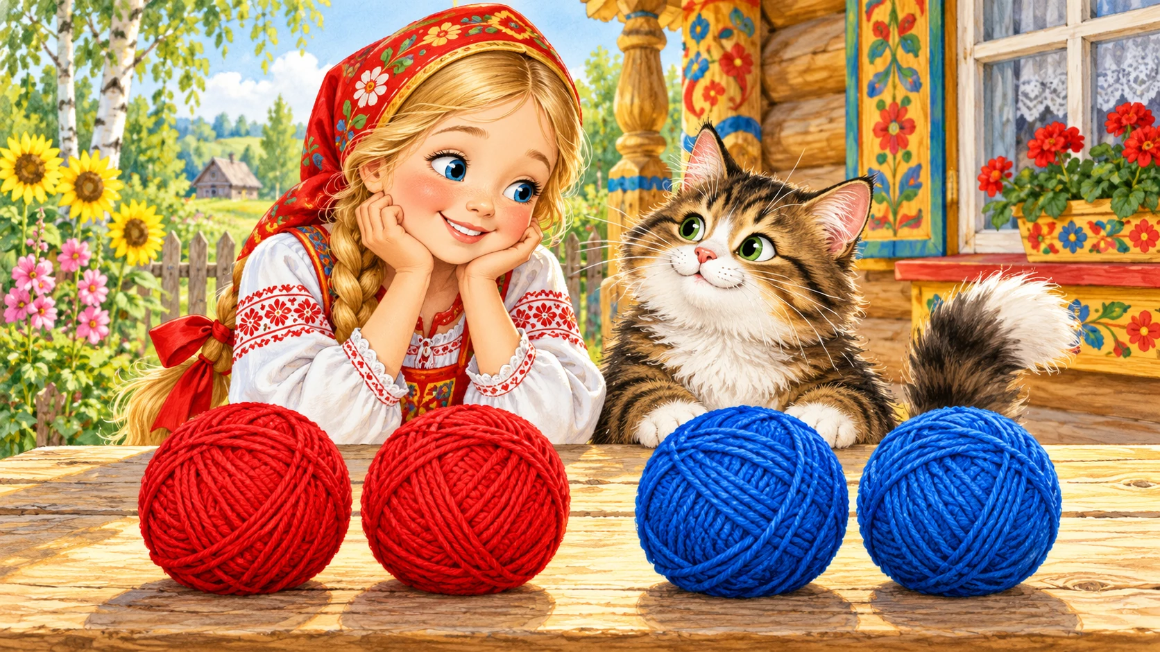 Василиса и кот с красными и синими клубками
