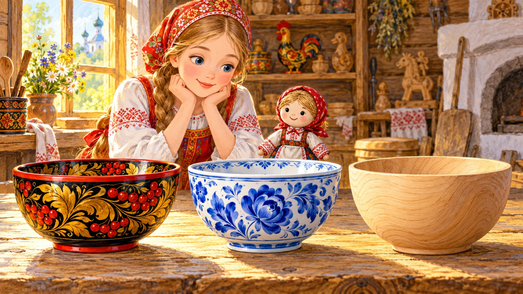 Василиса рассматривает расписные чаши