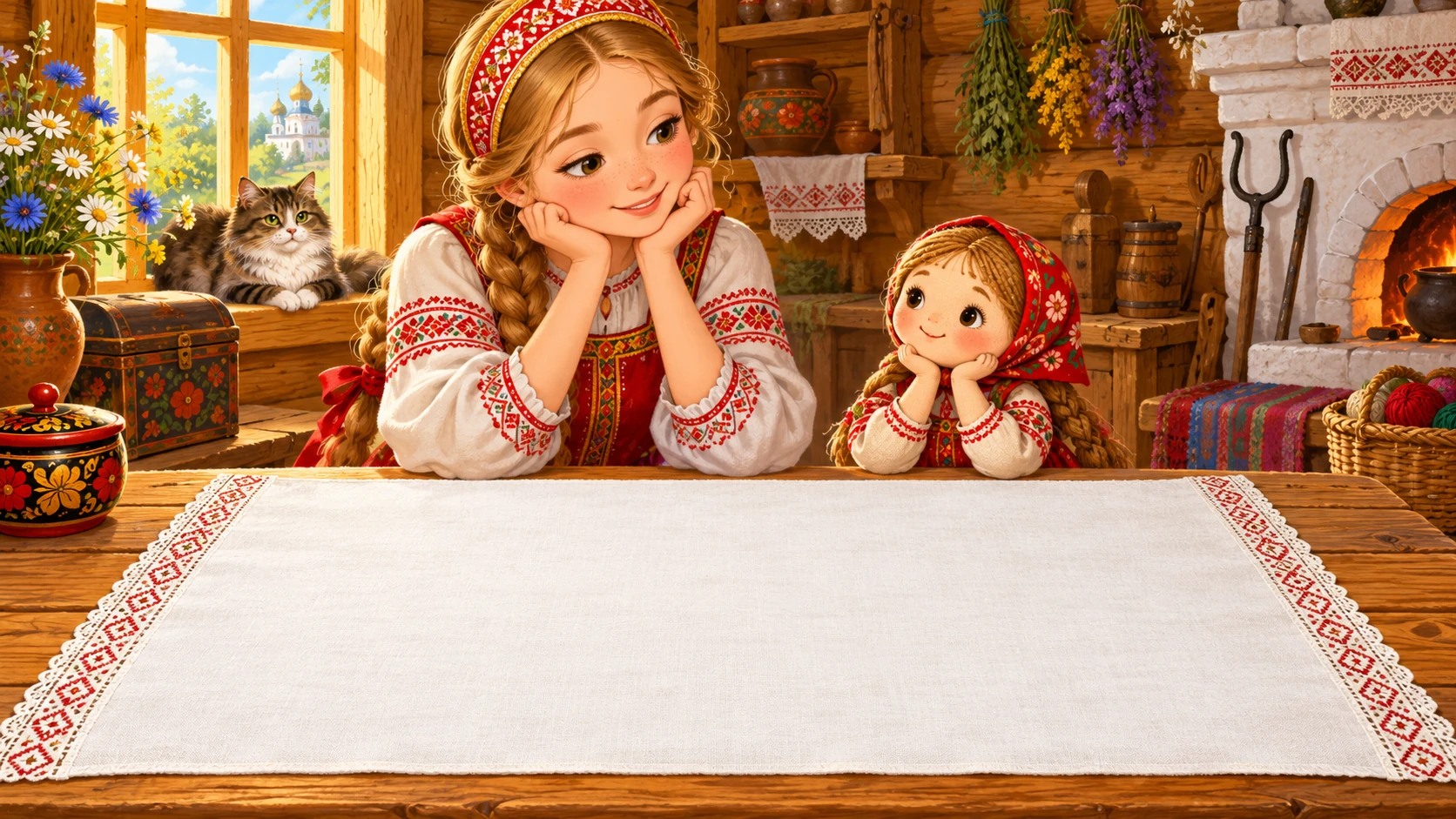 Василиса и куколка выбирают линию для узора